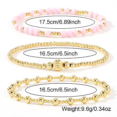 3Pcs Glass & Brass Round Beads Stretch Bracelets HD9470-1-1