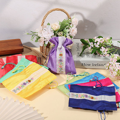 9Pcs 9 Colors 3D Floral Embroidery Cloth Drawstring Bags ABAG-CA0001-21-1