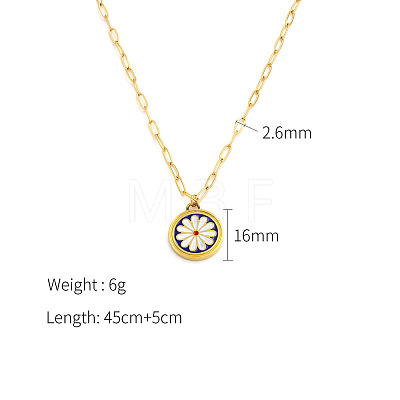 303 Stainless Steel Enamel Flat Round with White Flower Pendant Necklaces for Women FS-WGC7F5D-01-1