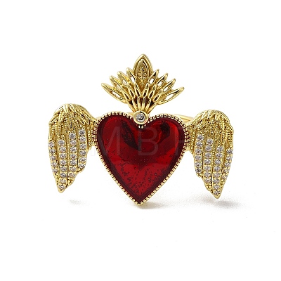 Sacred Heart with Wing Brass Micro Pave Cubic Zirconia Cuff Rings RJEW-H236-01G-03-1