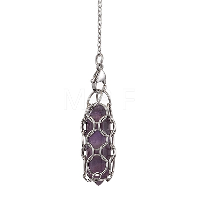 304 Stainless Steel Chain Macrame Pouch Bullet Natural Rose Quartz & Amethyst & Synthetic Turquoise Holder Dowsing Pendulums PALLOY-JF02881-1