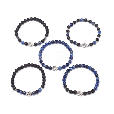 5Pcs 5 Style Natural Lava Rock & Sodalite Stretch Bracelets Set with Alloy Hamsa Hand Beaded BJEW-JB08737-1