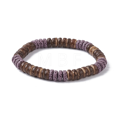 7Pcs 7 Color Dyed Natural Lava Rock & Coconut Disc Beaded Stretch Bracelets Set BJEW-JB09827-1