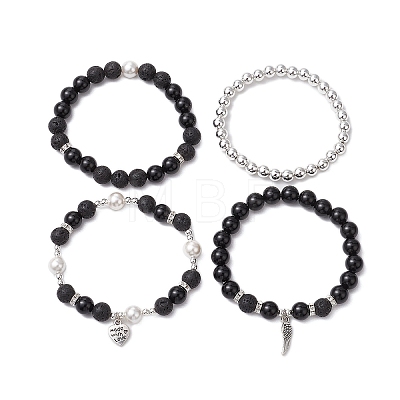 Natural Obsidian and Natural Lava Rock Bracelets Set for Women Men BJEW-JB11097-1