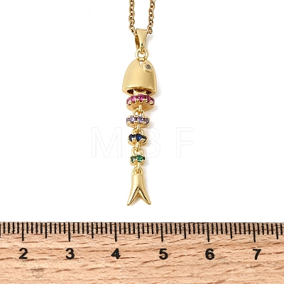 201 Stainless Steel Pave Colorful Cubic Zirconia Fish Bone Pendant Necklaces for Women NJEW-C111-02B-G-1