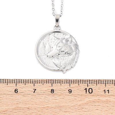 Flat Round with Wolf 304 Stainless Steel Pendant Necklaces NJEW-H059-04P-1