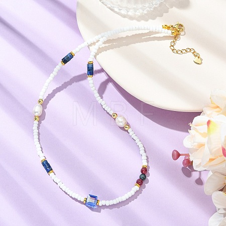 Natural Lapis Lazuli Heishi Beads & Rice Natural Pearl & Glass Seed Beaded Necklaces NJEW-JN06249-02-1