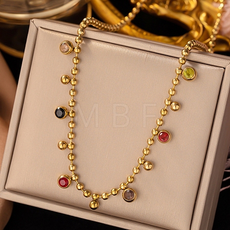 304 Stainless Steel Pave Cubic Zirconia Colorful Round Tassel Ball Chain Bib Necklaces for Women NJEW-D350-01G-1