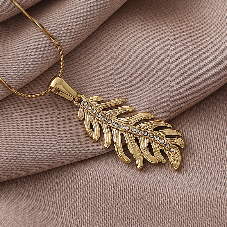 304 Stainless Steel Crystal Rhinestone Leaf Pendant Necklace for Women EA5078-1