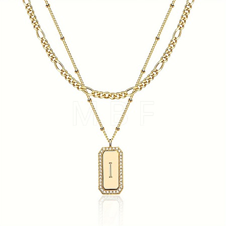 Brass Micro Pave Clear Cubic Zirconia Rectangle with Initial Pendant Double Layer Necklaces for Women FS-WG478B5-09-1