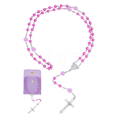 Imitaiton Round Pearl with Resin Flower Rosary Bead Necklaces NJEW-DC0001-23A-1
