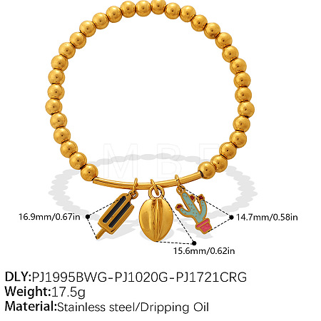 304 Stainless Steel Enamel Charm Round Beaded Stretch Bracelets for Women WGF740E-04-1