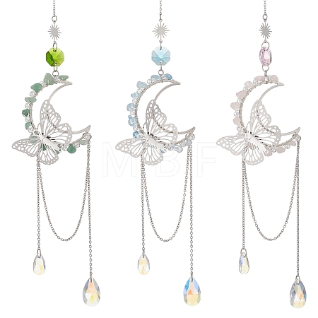 3Pcs Natural Rose Quartz & Aquamarine & Green Aventurine Chips & Brass Moon & 304 Stainless Steel Butterfly Suncatcher HJEW-TA00449-1
