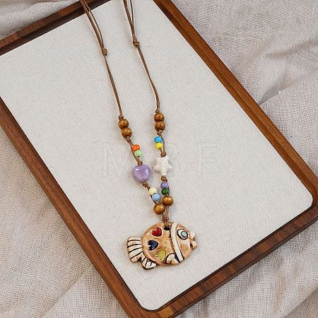 Adjustable Ethnic Handmade Porcelain & Wood PeachPuff Pendant Waxed Cord Necklaces WG91B87-02-1