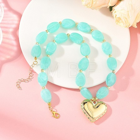 Acrylic Heart Pendant Oval Imitation Gemstone Beaded Necklaces for Women NJEW-JN06479-01-1