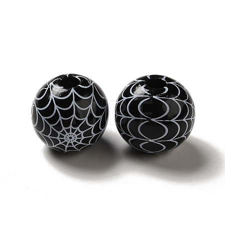Halloween Printed Spider Webs Colored Wood European Beads WOOD-K007-04C-1