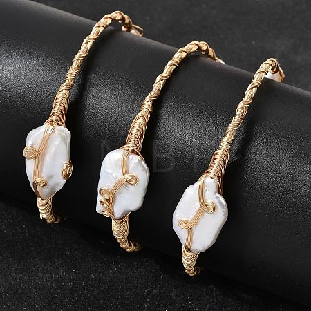 Brass Wire Wrapped Natural Baroque Pearl Cuff Bangles for Women BJEW-D453-02G-1