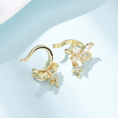 Butterfly with Star Brass Micro Pave Clear Cubic Zirconia Cuff Earrings EJEW-H178-11G-1