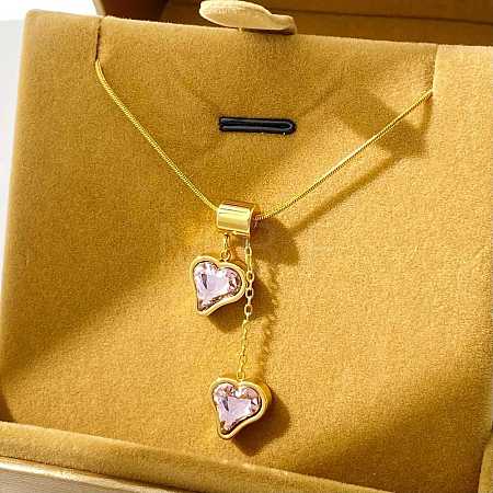 Brass Rhinestone Heart Pendant 304 Stainless Steel Round Snake Chain Necklaces for Women WGE9B5A-02-1