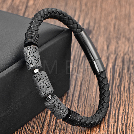 Column Natuarl Lava Rock Braided Imitation Leather Cord Bracelets with Magnetic Clasps for Men WG04C79-01-1
