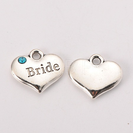 Wedding Theme Antique Silver Tone Tibetan Style Heart with Bride Rhinestone Charms X-TIBEP-N005-12A-1