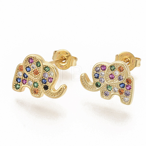 Brass Micro Pave Colorful Cubic Zirconia Stud Earrings EJEW-S208-044-1