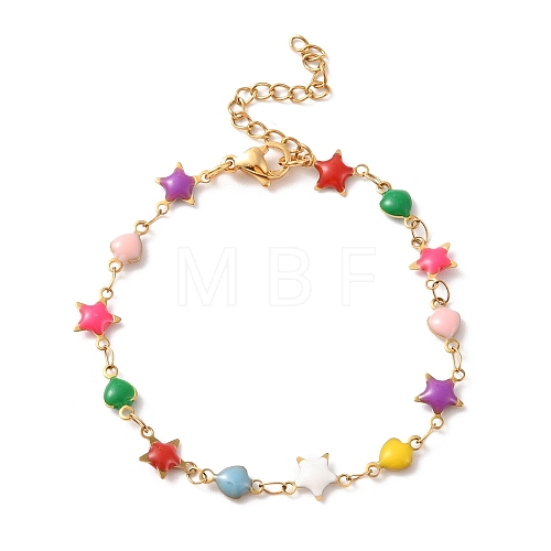 Enamel Star & Heart Link Chain Bracelet BJEW-H585-02G-1