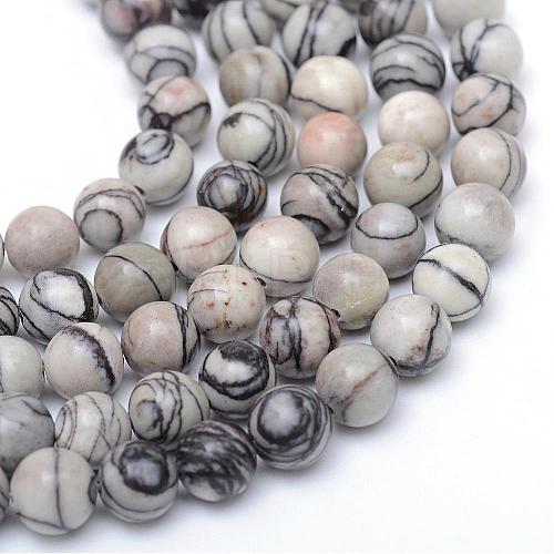 Round Natural Black Silk Stone/Netstone Bead Strands G-R345-8mm-20-1