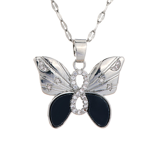 Brass Clear Cubic Zirconia Shiny Cute Cartoon Butterfly Pendant Dapped Chain Necklaces for Women DI0500-2-1