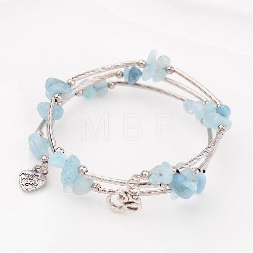 Three Loops Natural Aquamarine Beaded Wrap Bracelets BJEW-JB02331-02-1