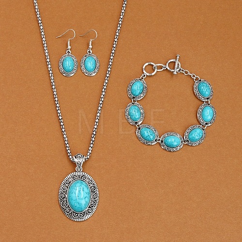 Oval Alloy with Synthetic Turquoise Pendant Necklaces & Dangle Earrings & Link Bracelets Sets WGD1135-10-1