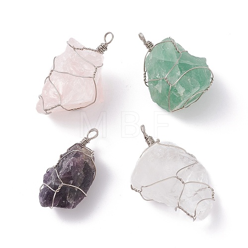 Rough Raw Natural Quartz Crystal & Rose Quartz & Fluorite & Amethyst Wire Warpped Pendants PALLOY-JF01165-1