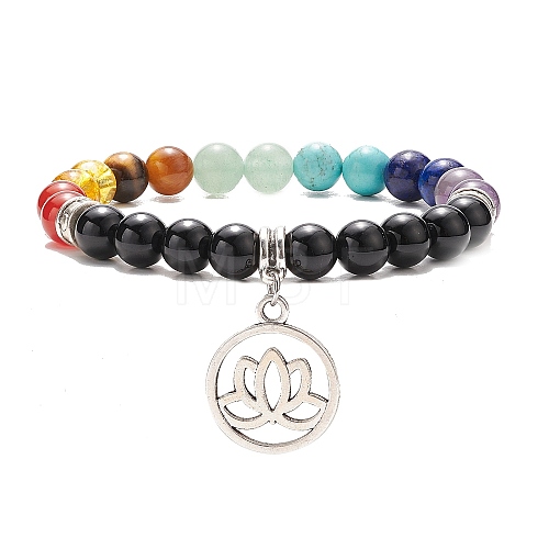 Natural Black Agate(Dyed & Heated) & Mixed Gemstone Stretch Bracelet with Alloy Lotus Charms BJEW-TA00134-01-1