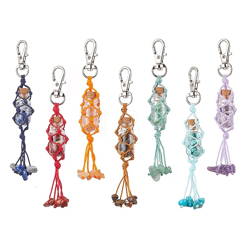 Glass Wishing Bottle inside Chakra Gemstone Chip Pouch Pendant Decorations HJEW-JM01910-1