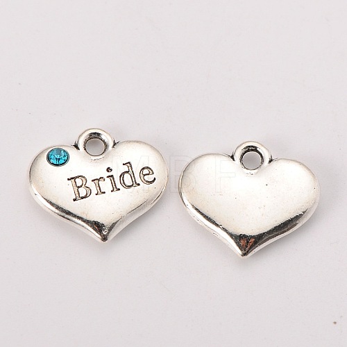 Wedding Theme Antique Silver Tone Tibetan Style Heart with Bride Rhinestone Charms X-TIBEP-N005-12A-1