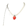 Resin Red Strawberry Pendant 304 Stainless Steel Paperclip Chain & Acrylic Pearl White Round Beaded Necklaces for Women NJEW-JN06113-2