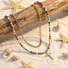 Stainless Steel Religion Cross Pendant Colorful Natural Mixed Gemstone Heishi Beaded Double Layer Necklaces for Women OM0198-1-2