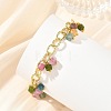 Natural Mixed Gemstone Faceted Cube Beads Tassel Brass Textured Cable Chain Bracelets for Women BJEW-JB14335-2