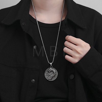 Vintage 304 Stainless Steel Viking Flat Round with Embossed Dragon Pendant Necklaces for Men WG12A6F-01-1