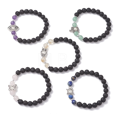 Natural Lava Rock & Mixed Gemstone Beads Stretch Bracelets BJEW-JB12869-1