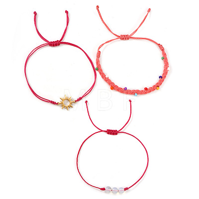 3Pcs 3 Styles Round Natural Gemstone & Glass Seed Beads Braided Bracelets & Stainless Steel Link Bracelets Set XI5712-1-1