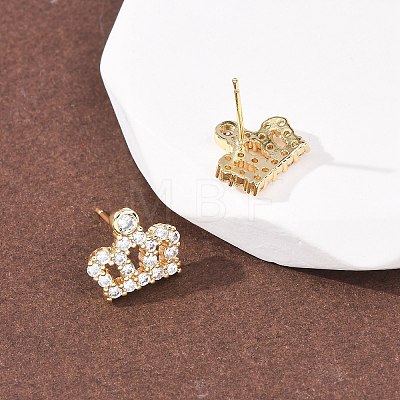 Crown Brass Micro Pave Clear Cubic Zirconia Stud Earrings EJEW-H178-13G-1