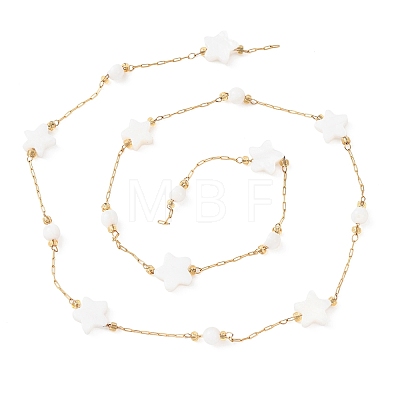 304 Stainless Steel & Natural Shell Star & Round Bead Cable Chains CHS-G048-10G-1