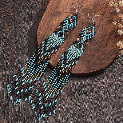 Bohemian Handmade Glass Seed Beads Rhombus Long Tassel Dangle Earrings AP6965-1