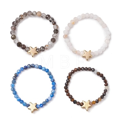 Round Natural Tiger Eye & Black Rutilated Quartz & Lapis Lazuli & Pink Opal Beads Stretch Rings RJEW-JR00790-1