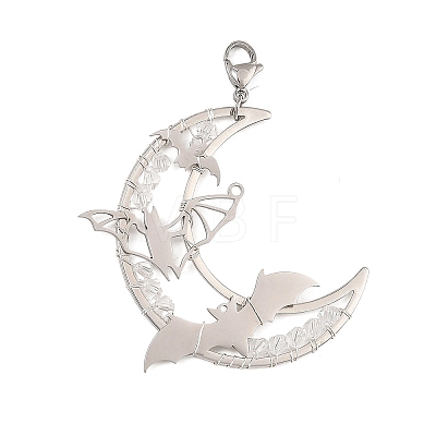 Wire Wrapped Moon & Bat Stainless Steel & Brass Pendant Decorations HJEW-TA00505-1
