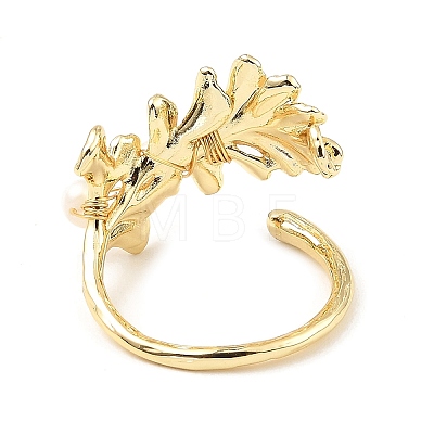 Brass Leaf Open Cuff Ring with Natural Pearl Beaded for Women RJEW-K090-02G-1
