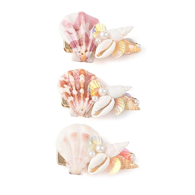 Natural Shell & Shell Pearl & PVC & Iron Alligator Hair Clips PHAR-TA000005-1