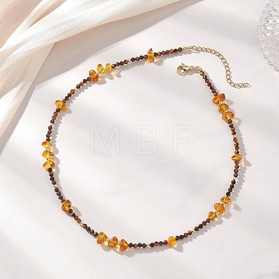 Natural Amber Chip and Faceted Round Tiger Eye Beaded Necklaces NJEW-JN05880-1