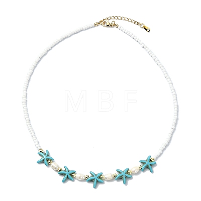 Ocean Sea Animals Synthetic Turquoise & Natural Cultured Freshwater Pearl & Glass Seed Beaded Necklaces for Women NJEW-JN06127-01-1